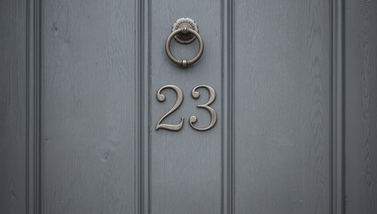 Gray wooden front door with house number 23, serving as an identification feature