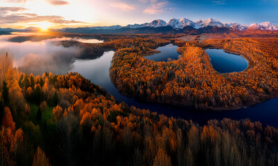 Scenic Autumn view of lakes at sunrise in the north of Finland in Scandinavia.