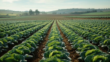 Healthy cabbage crops thriving in extensive farmland, highlighting soil fertility and crop management