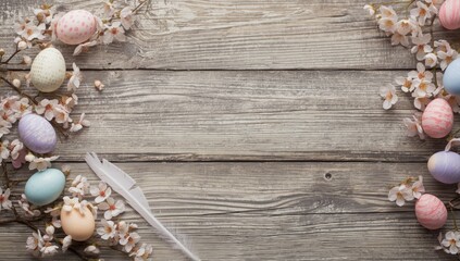 Pastel-colored Easter eggs with spring cherry blossoms on aged wooden surface, designed for seasonal greetings