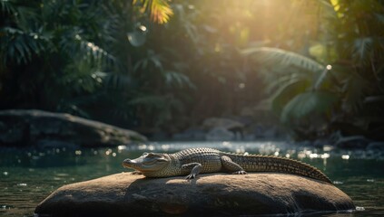 Fototapeta premium Basking crocodile in natural setting at outdoor adventure park, wildlife observation