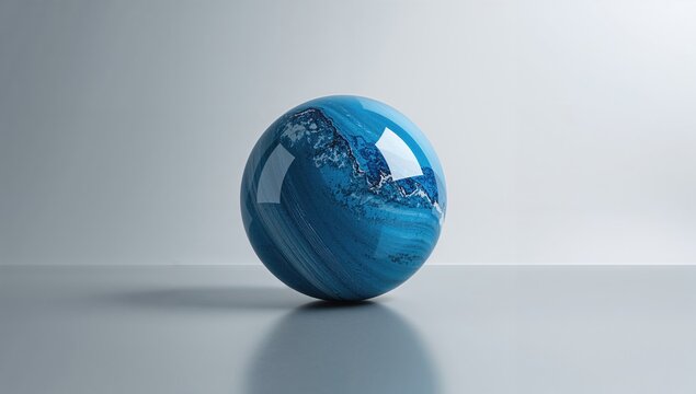 Marble ball with blue hue resting on metallic surface, designed for background or layout use
