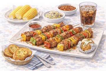 Grilled Skewers Platter with Corn Bread and Side Dishes