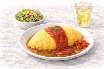 Japanese Omurice Plate with Tomato Sauce and Salad
