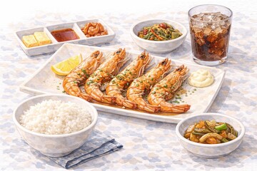 Shrimp Grill Plate with Rice and Dipping Sauces
