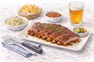 Grilled Pork Ribs Plate with Fries Coleslaw and Beer