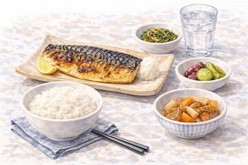 Grilled Fish Fillet Meal with Rice and Side Dishes