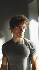 Portrait of handsome young man with sweaty shirt after workout