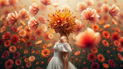 Woman with flower head wearing dress in a colorful setting with flowers and a table displaying nature theme