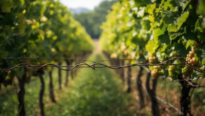 Metal wire with twisted ends in vineyard, used for trellising grapevines, equipment monitoring, Earth Day