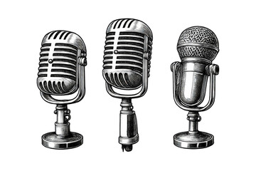 A Close-Up View of Three Vintage Microphones, Showcasing Elegant Designs and Craftsmanship in the World of Audio Equipment and Recording Technology