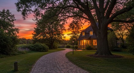 Stone path leads to a glowing home at sunset, framed by trees
