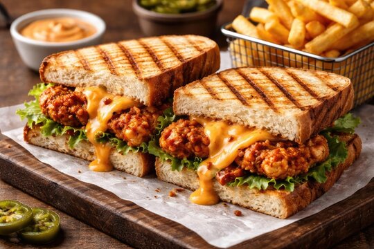 Flavorful grilled bread sandwich filled with Zinger chicken cheese chili sauce and lettuce served with fries