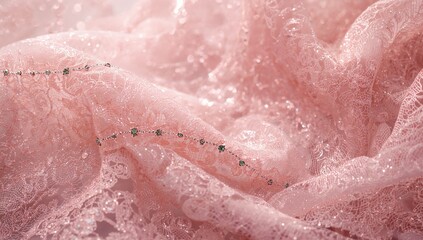 Fototapeta premium Shimmering pink lace with detailed floral and mesh textures accented by a green gemstone-lined stripe, used as a decorative fabric surface