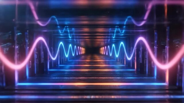 Neon waveform tunnel glowing blue and pink lights futuristic corridor memory module metallic fins
