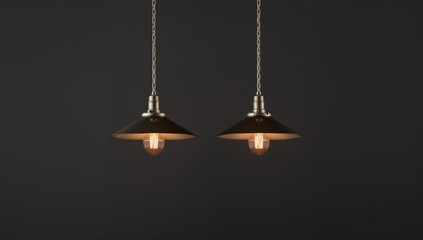 Two conic billiard lamps with bulbs hanging in a cafe setting, focusing on interior lighting elements