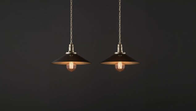 Two conic billiard lamps with bulbs hanging in a cafe setting, focusing on interior lighting elements