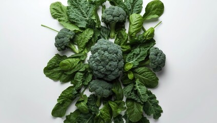 Fresh leafy greens such as Kale, Spinach, and Broccoli on a white backdrop, suitable for layout and text overlay