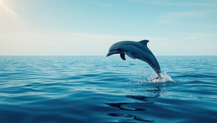 Fototapeta premium A marine dolphin breaching the surface of tranquil water, highlighting aquatic movement and behavior