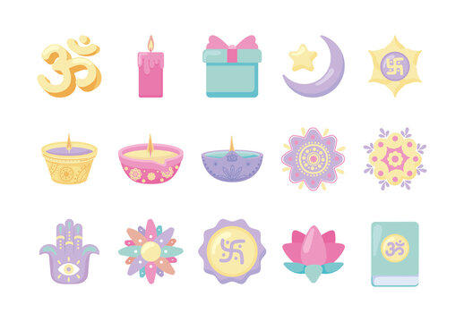 Colorful Diwali Celebration Candle Mandala Religious Illustrations Set