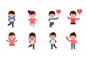 Fototapeta premium Cute Happy Children with Hearts and Romantic Symbols Vector Set for Valentine’s Day Illustrations