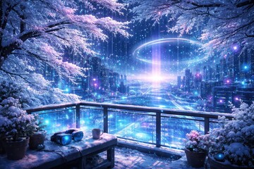 Chill covered tree branches by a balcony merging virtual reality within a  cyberspace realm