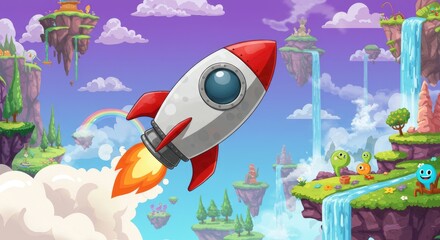 Whimsical rocket launches through a vibrant, magical sky world