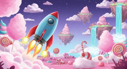 A whimsical rocket blasts off through a candy-filled dreamscape