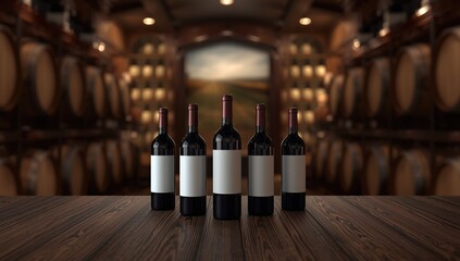 Set of unbranded wine bottles arranged on a countertop, ideal for product photography backgrounds