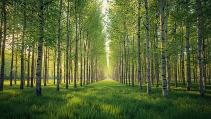 Fototapeta premium Summer birch grove featuring white bark and lush green leaves, ideal for outdoor scene backdrops