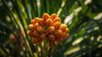 Mature fan palm fruit on a tropical tree, agricultural ripeness