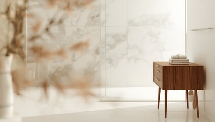 Bathroom with wooden retro desk as a storage area for bathroom tools, emphasizing practical use