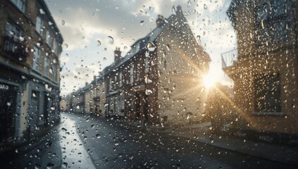 Old town scene seen through a rain-spattered window, highlighting urban preservation challenges, Earth Day