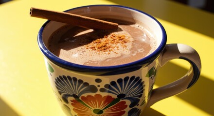 Warm, frothy beverage in a decorative mug with cinnamon stick