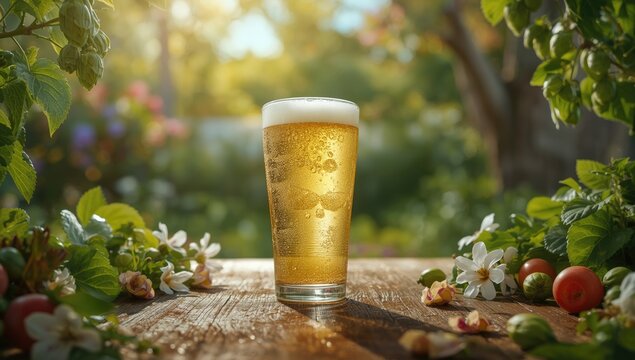 A cold beer featuring plant-based hops, designed for seasonal refreshment and natural brewing techniques