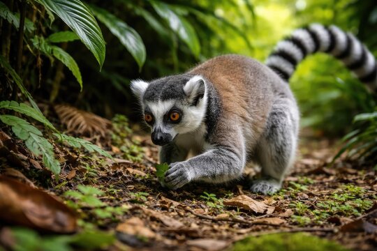 Focused lemur catta foraging near tropical undergrowth