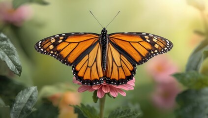 Fototapeta premium Front view of a butterfly resting on a blossom, highlighting delicate wing patterns for insect conservation