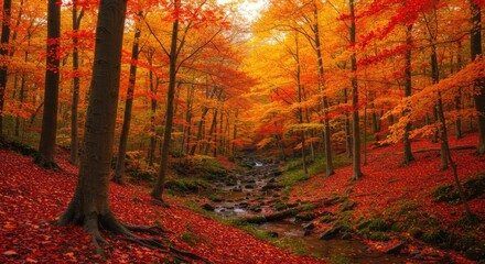 A vibrant, colorful autumn forest with a flowing stream