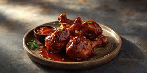 Chicken drumsticks coated in barbecue sauce placed on a wooden serving platter with sauce side, highlighting grilled meat preparation, National Barbecue Month