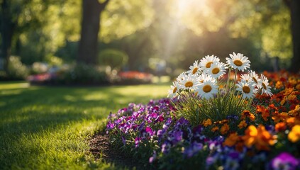 Colorful garden bed featuring daisies and fringed pansies at a flower show, used as a decorative horticultural exhibit