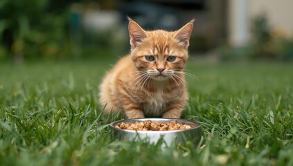 Obraz premium Feline displaying annoyance while consuming food from a bowl outdoors, highlighting pet behavior