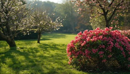 Obraz premium Beautiful garden featuring flowering azaleas and fresh spring foliage, suitable for environmental awareness visuals, Earth Day