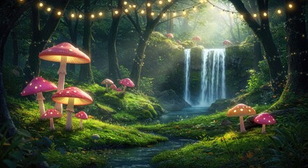 Enchanted forest clearing with glowing mushrooms and a waterfall