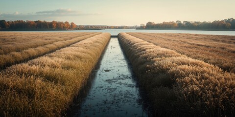 View of coastal salt marshes with dense water vegetation and fall foliage at RSPB Arne, highlighting conservation efforts