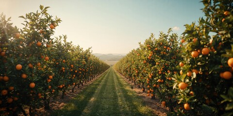 Fototapeta premium Rows of orange trees during peak harvest in bright sunlight, highlighting agricultural activity, World Agriculture Day