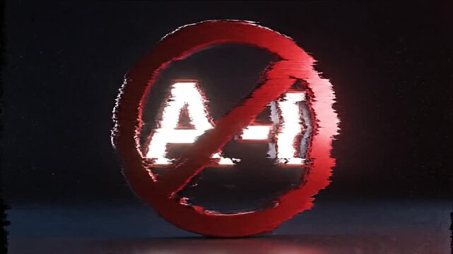 Prohibited AI symbol with glowing red circle and white background