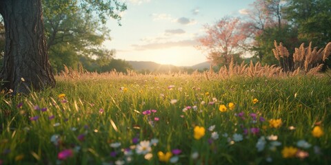 Obraz premium Wildflowers and pampas plants in a field at sunset, suitable for outdoor landscape backdrops
