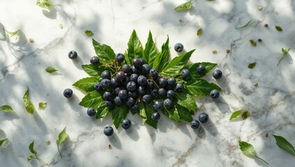 Aronia chokeberries with foliage, used as a nutritious snack option for wellness observance