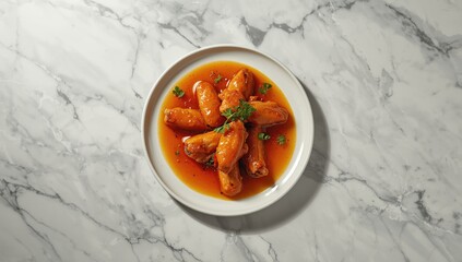 Baked chicken wings with orange glaze arranged on a marble countertop, highlighting culinary preparation and hygiene