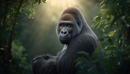 Obraz premium Gorilla in a forest setting, highlighting habitat preservation for Earth Day